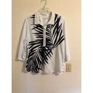 Chicos Womens 1.5 US 10 White Linen Palm Leaf Print Back Button Tunic Blouse
